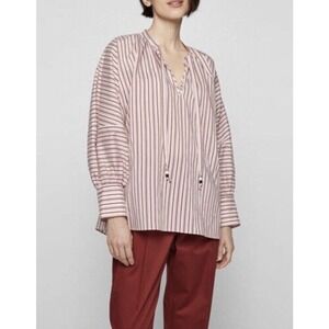 NEW BOSS Striped Bateco Shirt Top Tie Neck Long Sleeve Women's US 6